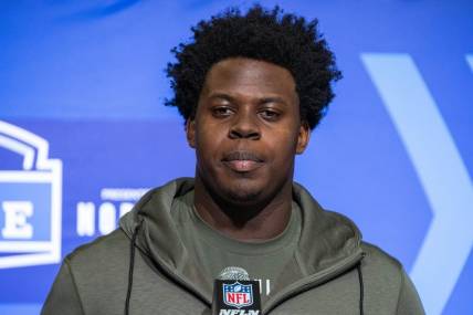 Mar 1, 2023; Indianapolis, IN, USA; Pittsburgh defensive lineman Calijah Kancey (DL09) speaks to the press at the NFL Combine at Lucas Oil Stadium. Mandatory Credit: Trevor Ruszkowski-USA TODAY Sports