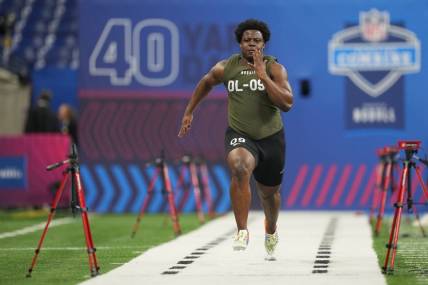 Mar 2, 2023; Indianapolis, IN, USA; Pittsburgh defensive lineman Calijah Kancey (DL09) participates in the NFL Combine at Lucas Oil Stadium. Mandatory Credit: Kirby Lee-USA TODAY Sports