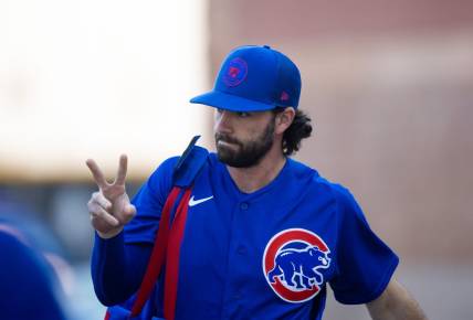 Mar 3, 2023; Peoria, Arizona, USA; Chicago Cubs infielder Dansby Swanson reacts against the San Diego Padres during a spring training game at Peoria Sports Complex. Mandatory Credit: Mark J. Rebilas-USA TODAY Sports