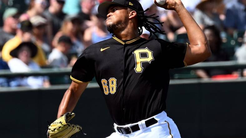 Mar 5, 2023; Bradenton, Florida, USA; Pittsburgh Pirates pitcher Angel Perdomo (68) throws a pitch in the fourth inning of a spring training game against the Minnesota Twins at LECOM Park. Mandatory Credit: Jonathan Dyer-USA TODAY Sports