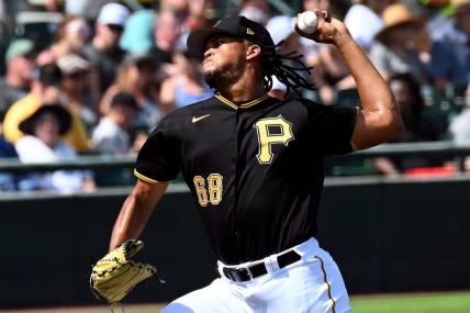 Mar 5, 2023; Bradenton, Florida, USA; Pittsburgh Pirates pitcher Angel Perdomo (68) throws a pitch in the fourth inning of a spring training game against the Minnesota Twins at LECOM Park. Mandatory Credit: Jonathan Dyer-USA TODAY Sports
