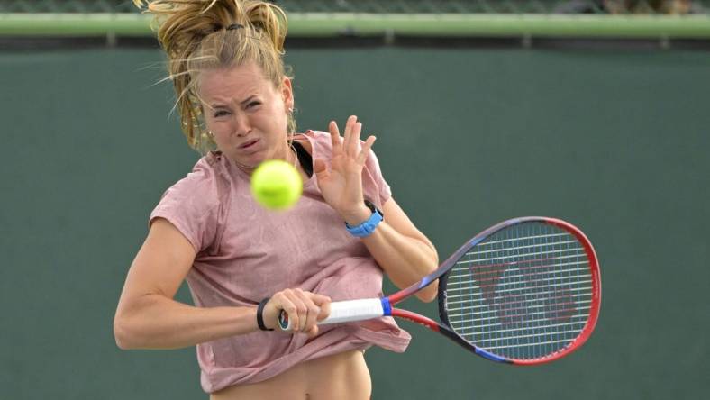 Mar 6, 2023; Indian Wells, CA, USA; Marie Bouzkova hits on the practice courts during day 1 of the BNP Paribas Open at the Indian Well Tennis Garden. Mandatory Credit: Jayne Kamin-Oncea-USA TODAY Sports