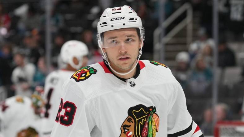 Feb 25, 2023; San Jose, California, USA; Chicago Blackhawks center Philipp Kurashev (23) warms up before the game against the San Jose Sharks at SAP Center at San Jose. Mandatory Credit: Darren Yamashita-USA TODAY Sports