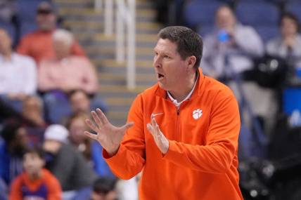 Mar 10, 2023; Greensboro, NC, USA;  Clemson Tigers head coach Brad Brownell reacts in the second half during the semifinals of the ACC Tournament at Greensboro Coliseum. Mandatory Credit: Bob Donnan-USA TODAY Sports