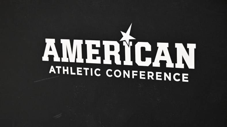 Mar 12, 2023; Fort Worth, TX, USA; A view of the American Athletic Conference logo before the game between the Houston Cougars and the Memphis Tigers at Dickies Arena. Mandatory Credit: Jerome Miron-USA TODAY Sports