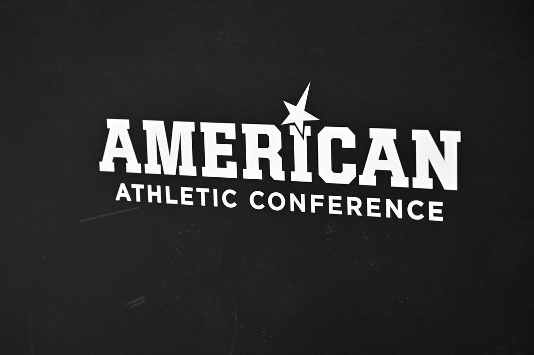 Mar 12, 2023; Fort Worth, TX, USA; A view of the American Athletic Conference logo before the game between the Houston Cougars and the Memphis Tigers at Dickies Arena. Mandatory Credit: Jerome Miron-USA TODAY Sports