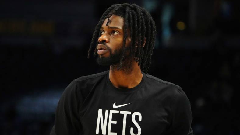 Mar 12, 2023; Denver, Colorado, USA; Brooklyn Nets center Nerlens Noel (0) prior to the game against the Denver Nuggets at Ball Arena. Mandatory Credit: Ron Chenoy-USA TODAY Sports