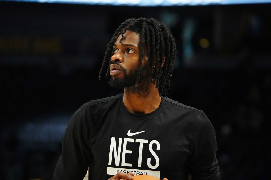Mar 12, 2023; Denver, Colorado, USA; Brooklyn Nets center Nerlens Noel (0) prior to the game against the Denver Nuggets at Ball Arena. Mandatory Credit: Ron Chenoy-USA TODAY Sports