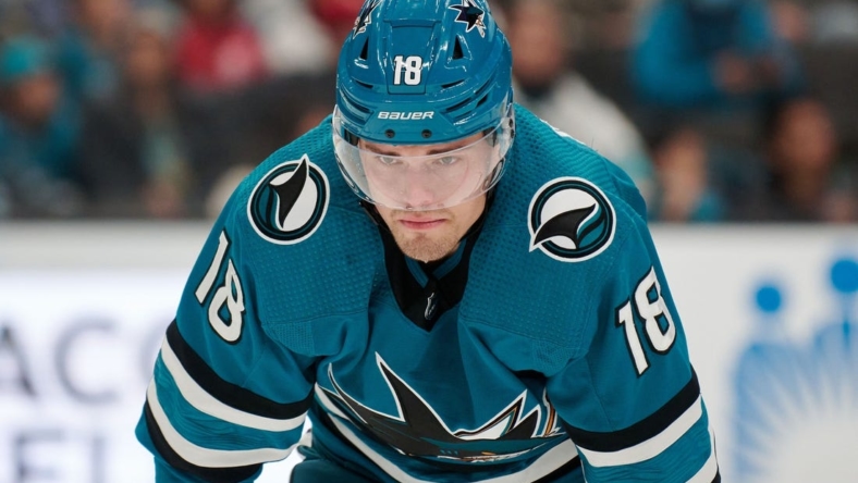 Mar 2, 2023; San Jose, California, USA; San Jose Sharks left wing Andreas Johnsson (18) against the St. Louis Blues during the second period at SAP Center at San Jose. Mandatory Credit: Robert Edwards-USA TODAY Sports