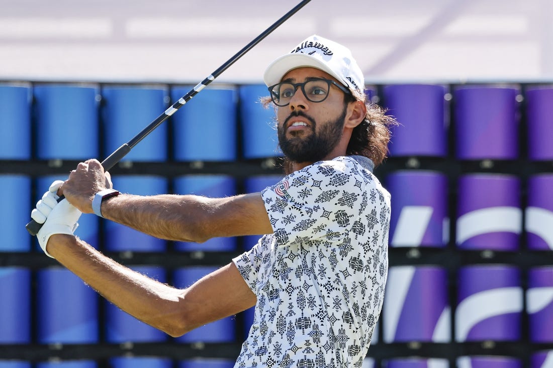 Mar 16, 2023; Palm Harbor, Florida, USA; Akshay Bhatia plays his shot from the 18th tee during the first round of the Valspar Championship golf tournament. Mandatory Credit: Reinhold Matay-USA TODAY Sports