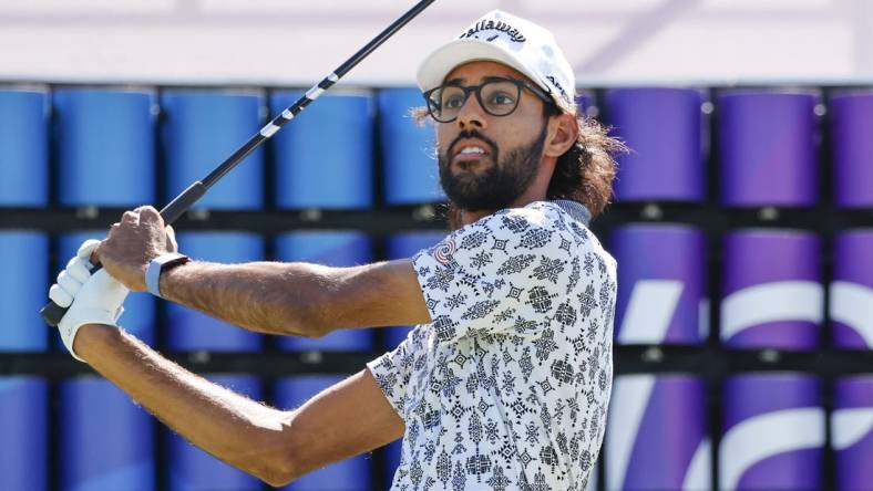 Mar 16, 2023; Palm Harbor, Florida, USA; Akshay Bhatia plays his shot from the 18th tee during the first round of the Valspar Championship golf tournament. Mandatory Credit: Reinhold Matay-USA TODAY Sports