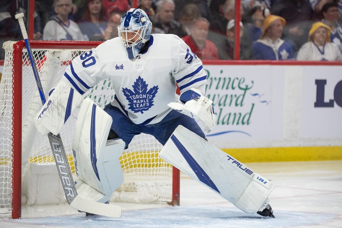 Mar 18, 2023; Ottawa, Ontario, CAN; Toronto Maple Leafs goalie Matt Murray (30) warms up prior to the start of game against the Ottawa Senators at the Canadian Tire Centre. Mandatory Credit: Marc DesRosiers-USA TODAY Sports