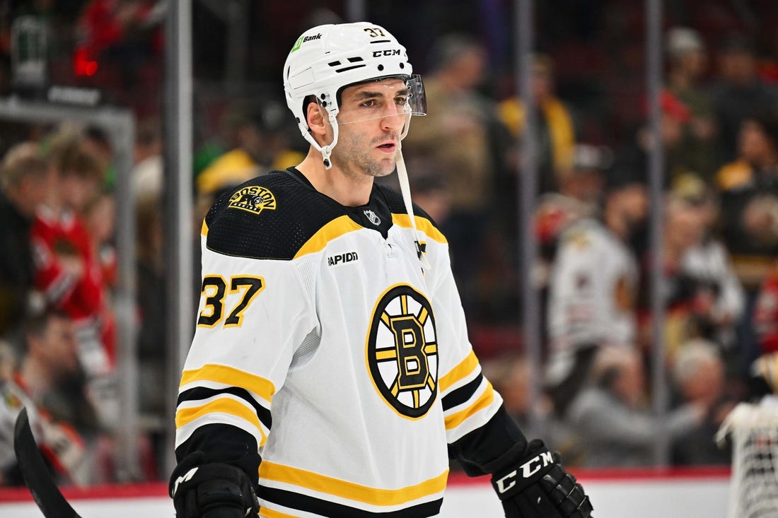 Mar 14, 2023; Chicago, Illinois, USA;  Boston Bruins forward Patrice Bergeron (37) warms up before a game against the Chicago Blackhawks at United Center. Mandatory Credit: Jamie Sabau-USA TODAY Sports