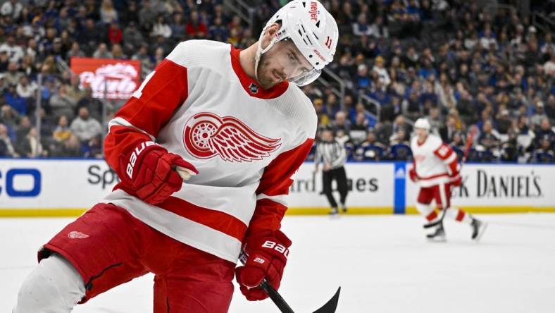 Mar 21, 2023; St. Louis, Missouri, USA;  Detroit Red Wings right wing Filip Zadina (11) reacts after scoring against the St. Louis Blues during the first period at Enterprise Center. Mandatory Credit: Jeff Curry-USA TODAY Sports