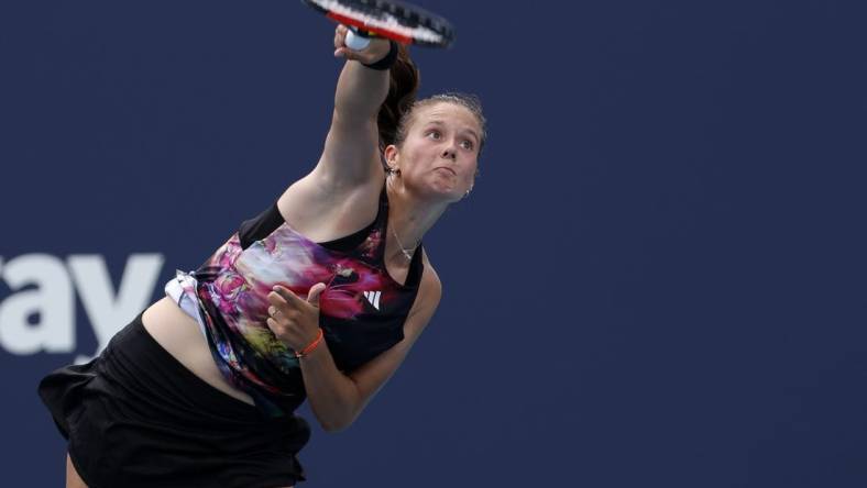 Mar 23, 2023; Miami, Florida, US; Daria Kasatkina serves against Elise Mertens (BEL) (not pictured) on day four of the Miami Open at Hard Rock Stadium. Mandatory Credit: Geoff Burke-USA TODAY Sports