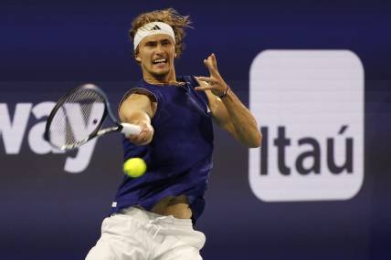 Mar 24, 2023; Miami, Florida, US; Alexander Zverev (GER) hits a forehand against Taro Daniel (JPN) (not pictured) on day five of the Miami Open at Hard Rock Stadium. Mandatory Credit: Geoff Burke-USA TODAY Sports
