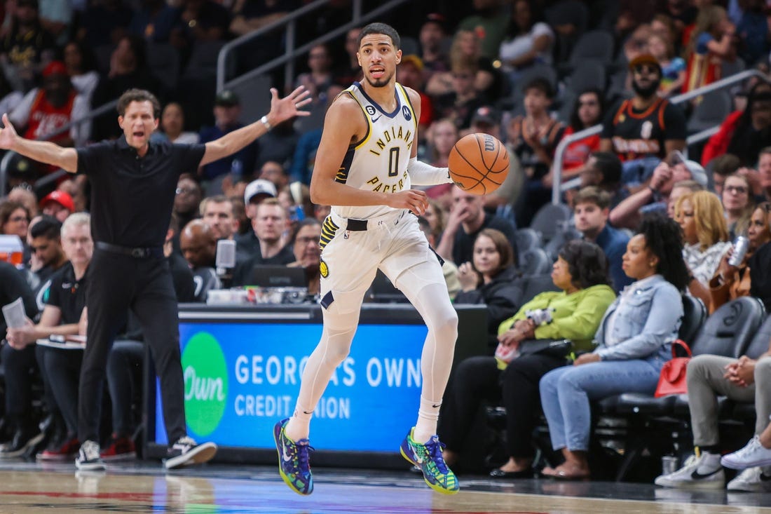 Mar 25, 2023; Atlanta, Georgia, USA; Indiana Pacers guard Tyrese Haliburton (0) dribbles against the Atlanta Hawks in the second quarter at State Farm Arena. Mandatory Credit: Brett Davis-USA TODAY Sports