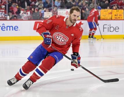 Mar 25, 2023; Montreal, Quebec, CAN; Montreal Canadiens defenseman Joel Edmundson (44) skates during the warmup before the game against the Columbus Blue Jackets at the Bell Centre. Mandatory Credit: Eric Bolte-USA TODAY Sports