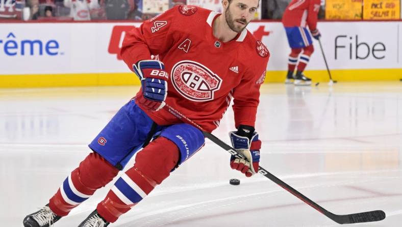 Mar 25, 2023; Montreal, Quebec, CAN; Montreal Canadiens defenseman Joel Edmundson (44) skates during the warmup before the game against the Columbus Blue Jackets at the Bell Centre. Mandatory Credit: Eric Bolte-USA TODAY Sports