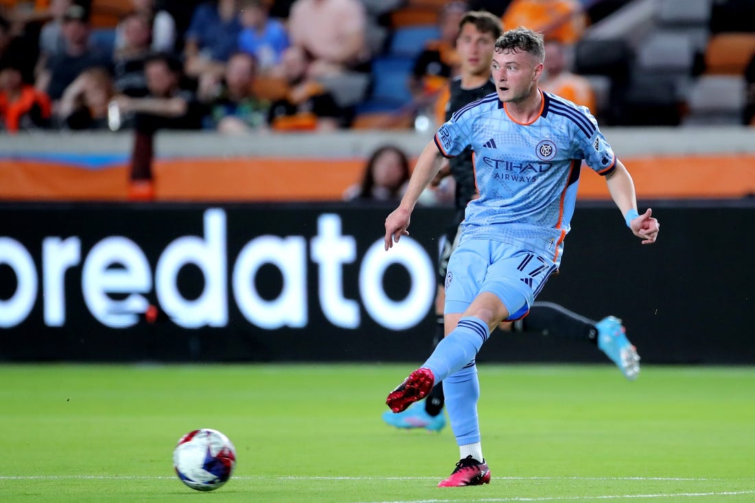 Mar 25, 2023; Houston, Texas, USA; New York City FC midfielder Matias Pellegrini (17) passes to a teammate against Houston Dynamo FC  during the first half at Shell Energy Stadium. Mandatory Credit: Erik Williams-USA TODAY Sports