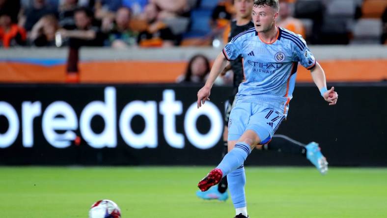 Mar 25, 2023; Houston, Texas, USA; New York City FC midfielder Matias Pellegrini (17) passes to a teammate against Houston Dynamo FC  during the first half at Shell Energy Stadium. Mandatory Credit: Erik Williams-USA TODAY Sports