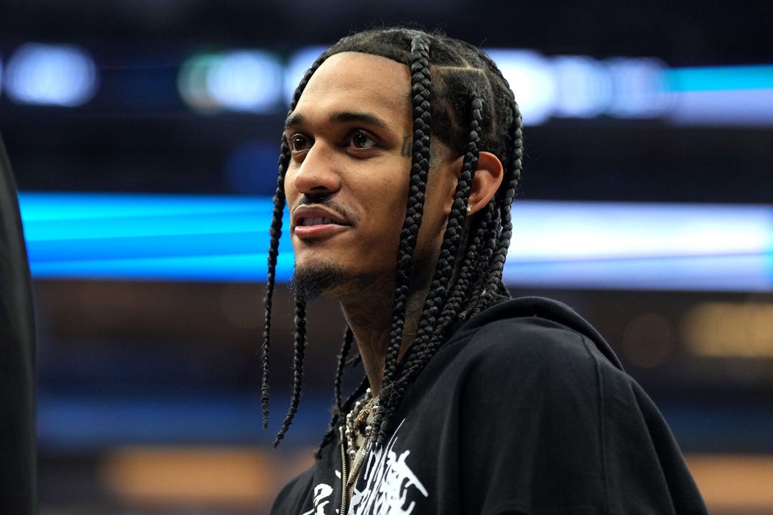 Mar 25, 2023; Sacramento, California, USA; Utah Jazz guard Jordan Clarkson (00) stands on the court during the second quarter against the Sacramento Kings at Golden 1 Center. Mandatory Credit: Darren Yamashita-USA TODAY Sports