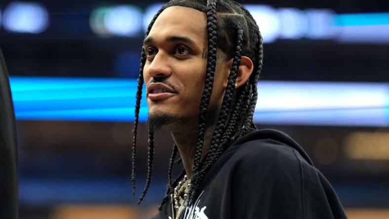 Mar 25, 2023; Sacramento, California, USA; Utah Jazz guard Jordan Clarkson (00) stands on the court during the second quarter against the Sacramento Kings at Golden 1 Center. Mandatory Credit: Darren Yamashita-USA TODAY Sports