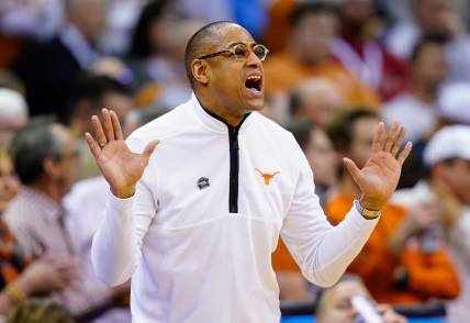 Mar 24, 2023; Kansas City, MO, USA; Texas Longhorns interim head coach Rodney Terry reacts during the second half of an NCAA tournament Midwest Regional semifinal against the Xavier Musketeers at T-Mobile Center. Mandatory Credit: Jay Biggerstaff-USA TODAY Sports
