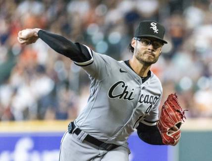 Apr 1, 2023; Houston, Texas, USA; Chicago White Sox relief pitcher Joe Kelly (17) pitches against the Houston Astros in the sixth inning at Minute Maid Park. Mandatory Credit: Thomas Shea-USA TODAY Sports