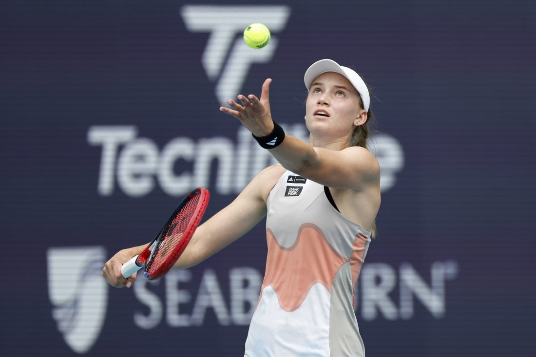 Apr 1, 2023; Miami, Florida, US; Elena Rybakina (KAZ) serves against Petra Kvitova (CZE) (not pictured) in the women's singles final on day thirteen of the Miami Open at Hard Rock Stadium. Mandatory Credit: Geoff Burke-USA TODAY Sports