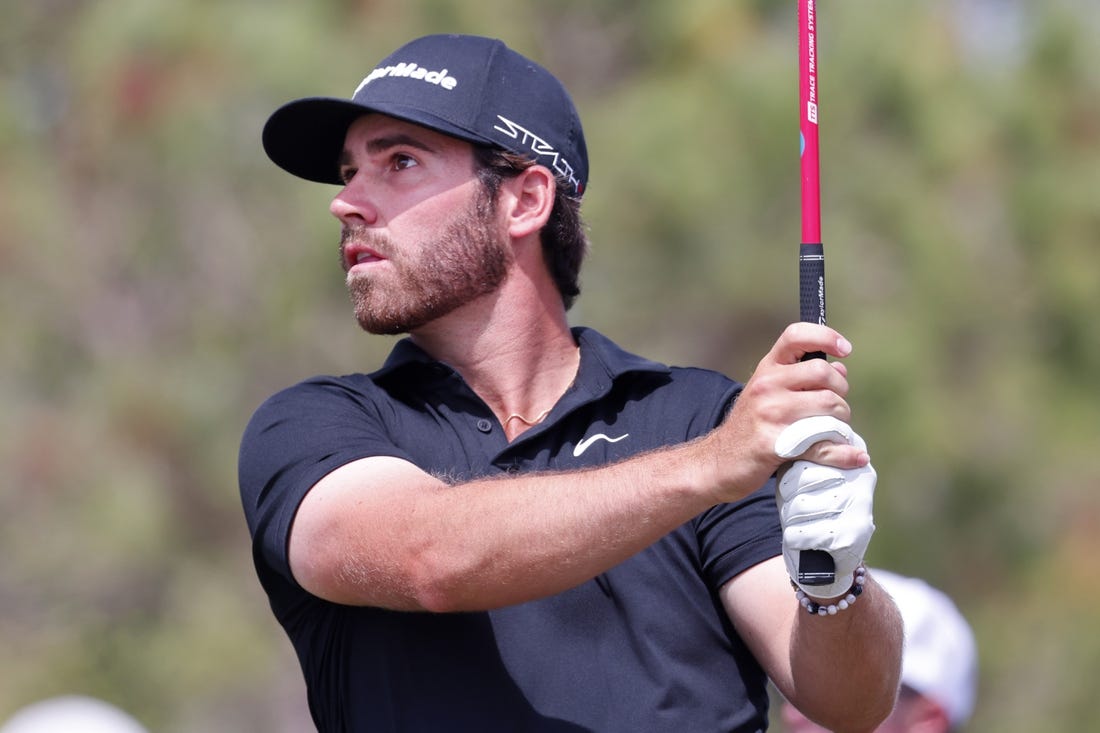 Apr 1, 2023; Orlando, Florida, USA; Matthew Wolff of the Smash golf club plays his shot from the fifth tee during the second round of a LIV Golf event at Orange County National. Mandatory Credit: Reinhold Matay-USA TODAY Sports