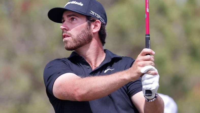 Apr 1, 2023; Orlando, Florida, USA; Matthew Wolff of the Smash golf club plays his shot from the fifth tee during the second round of a LIV Golf event at Orange County National. Mandatory Credit: Reinhold Matay-USA TODAY Sports