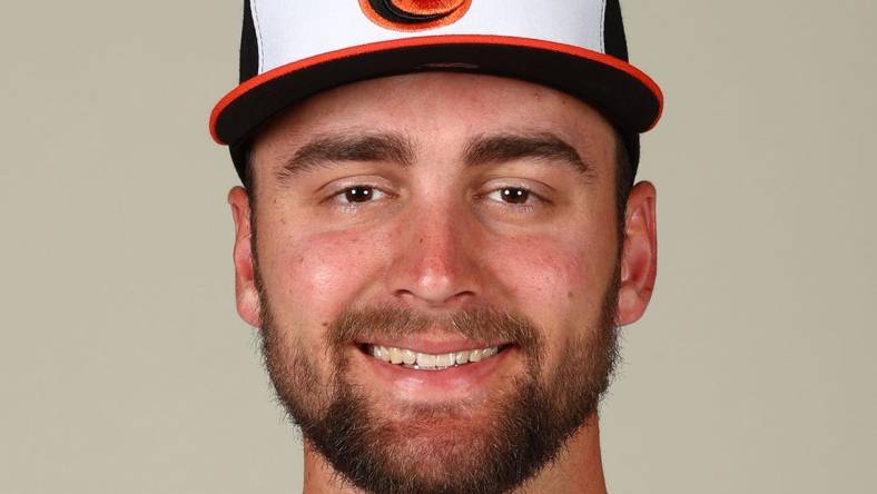 Feb 23, 2023; Sarasota, FL, USA; Baltimore Orioles outfielder Colton Cowser (76) poses for a photo at Ed Smith Stadium. Mandatory Credit: Kim Klement-USA TODAY Sports