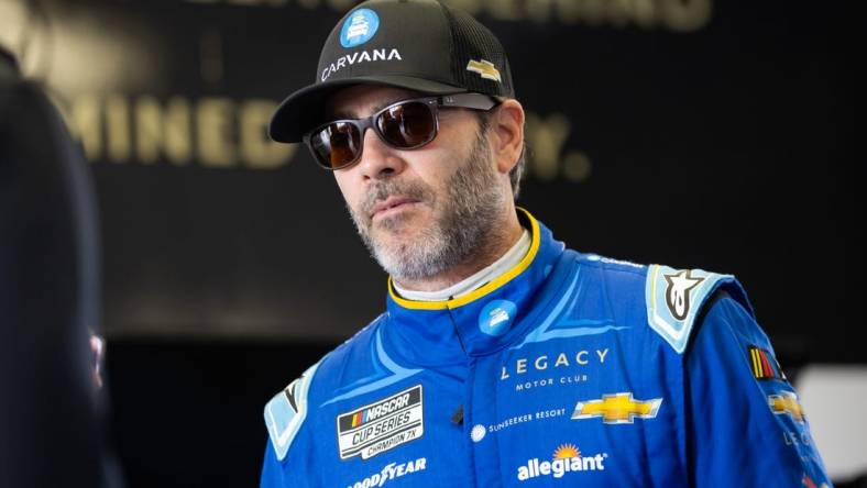 Feb 18, 2023; Daytona Beach, Florida, USA; NASCAR Cup Series driver Jimmie Johnson during practice for the Daytona 500 at Daytona International Speedway. Mandatory Credit: Mark J. Rebilas-USA TODAY Sports