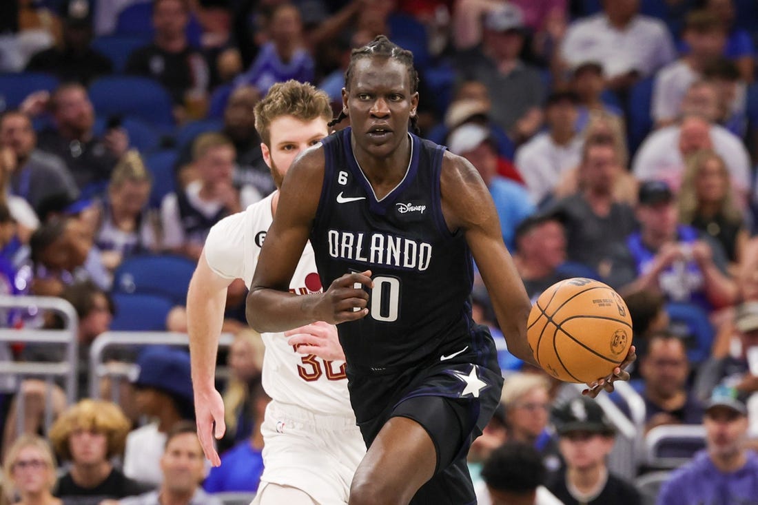 Apr 6, 2023; Orlando, Florida, USA; Orlando Magic center Bol Bol (10) brings the ball up court during the second half against the Cleveland Cavaliers at Amway Center. Mandatory Credit: Mike Watters-USA TODAY Sports