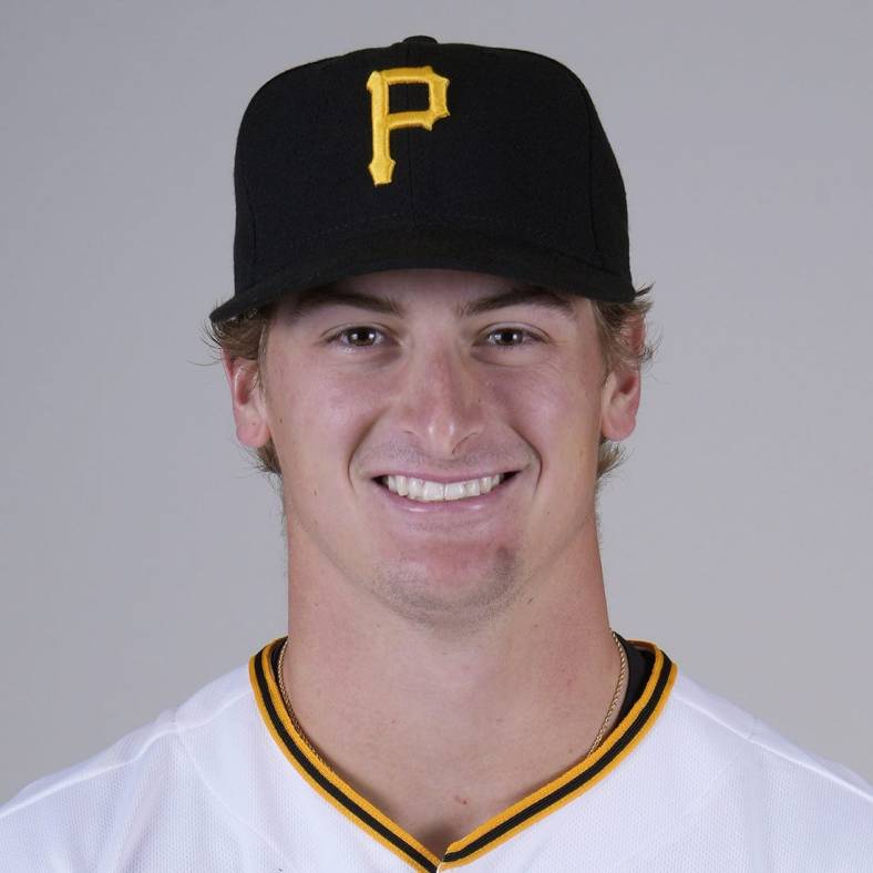 Feb 22, 2023; Bradenton, FL, USA; Pittsburgh Pirates pitcher Quinn Priester (64) poses for photos during Media Day. Mandatory Credit: Dave Nelson-USA TODAY Sports