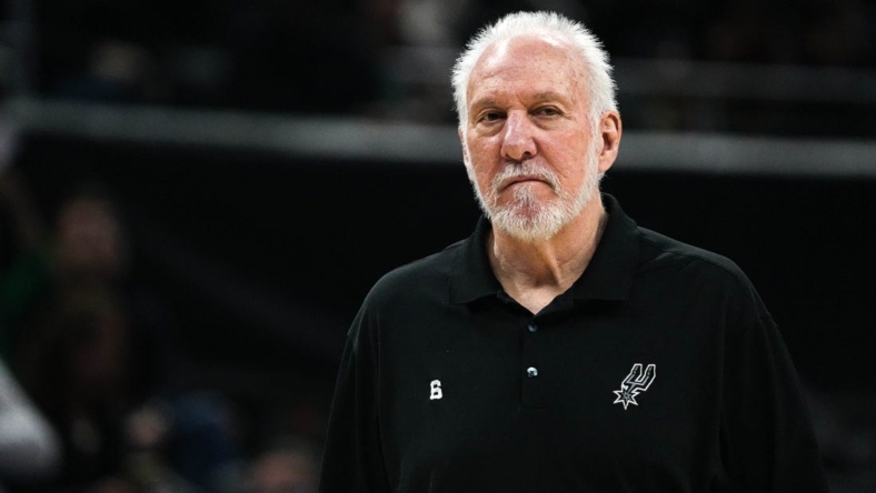 April 8, 2023; Austin, TX, USA; San Antonio Spurs head coach Gregg Popovich walks the sideline during the game against the Minnesota Timberwolves at the Moody Center on Saturday, April 8, 2023 in Austin. Mandatory Credit: Aaron E. Martinez-USA TODAY NETWORK