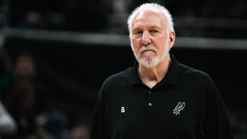 April 8, 2023; Austin, TX, USA; San Antonio Spurs head coach Gregg Popovich walks the sideline during the game against the Minnesota Timberwolves at the Moody Center on Saturday, April 8, 2023 in Austin. Mandatory Credit: Aaron E. Martinez-USA TODAY NETWORK