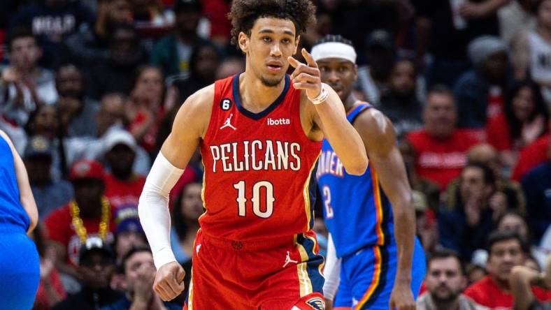 Apr 12, 2023; New Orleans, Louisiana, USA; New Orleans Pelicans center Jaxson Hayes (10) reacts to making a basket against the Oklahoma City Thunder during the first half at Smoothie King Center. Mandatory Credit: Stephen Lew-USA TODAY Sports