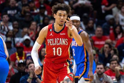 Apr 12, 2023; New Orleans, Louisiana, USA; New Orleans Pelicans center Jaxson Hayes (10) reacts to making a basket against the Oklahoma City Thunder during the first half at Smoothie King Center. Mandatory Credit: Stephen Lew-USA TODAY Sports