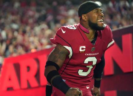Arizona Cardinals safety Budda Baker (3) runs out on to the field to take on the Tampa Bay Buccaneers at State Farm Stadium in Glendale on Dec. 25, 2022.

Nfl Tampa Bay At Cardinals Budda Baker