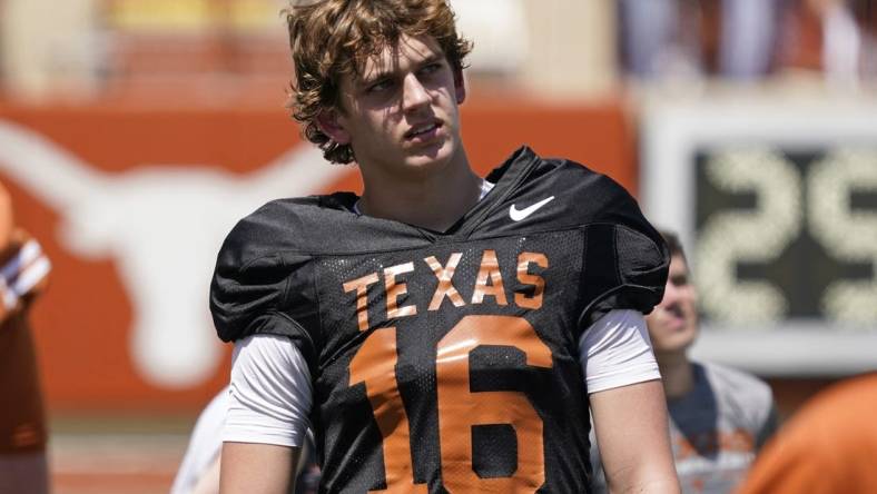 Apr 15, 2023; Austin, TX, USA; Texas Longhorns quarterback Arch Manning (16) on the sidelines during the second half of the Texas Spring Game at DKR- Texas Memorial Stadium. Mandatory Credit: Scott Wachter-USA TODAY Sports