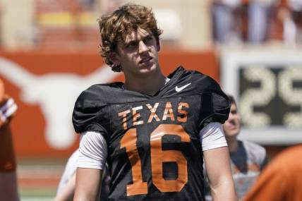Apr 15, 2023; Austin, TX, USA; Texas Longhorns quarterback Arch Manning (16) on the sidelines during the second half of the Texas Spring Game at DKR- Texas Memorial Stadium. Mandatory Credit: Scott Wachter-USA TODAY Sports