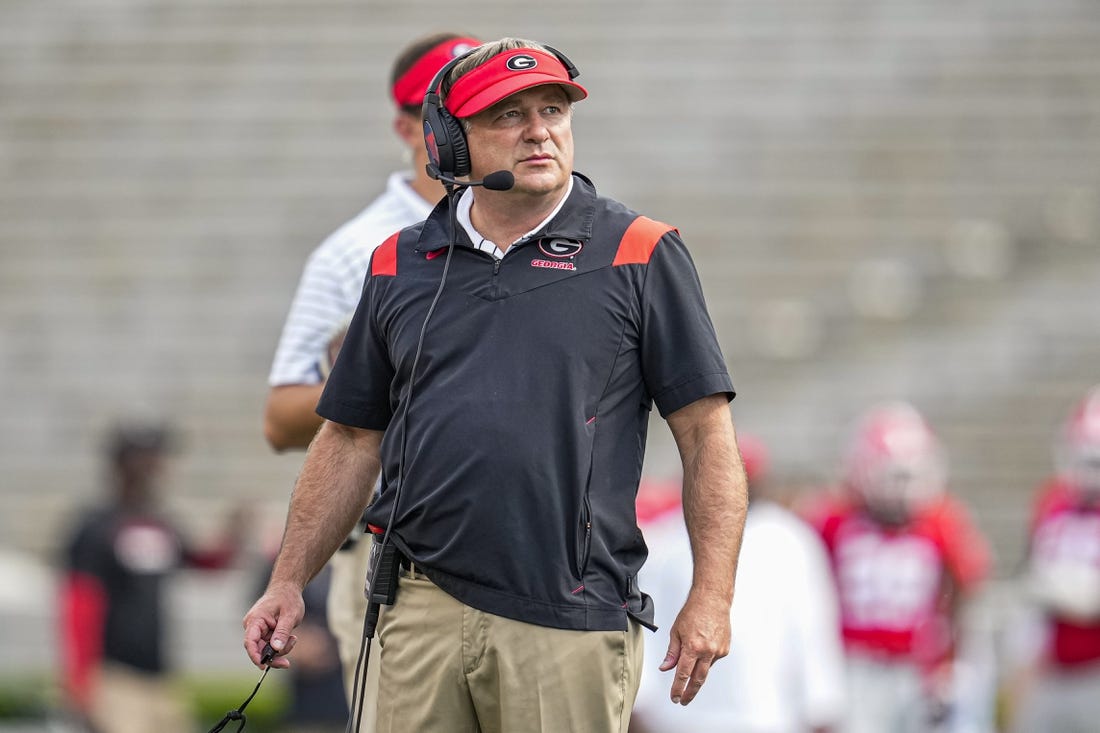 Apr 15, 2023; Athens, GA, USA; Georgia Bulldogs head coach Kirby Smart on the field  during the Georgia Spring Game at Sanford Stadium. Mandatory Credit: Dale Zanine-USA TODAY Sports