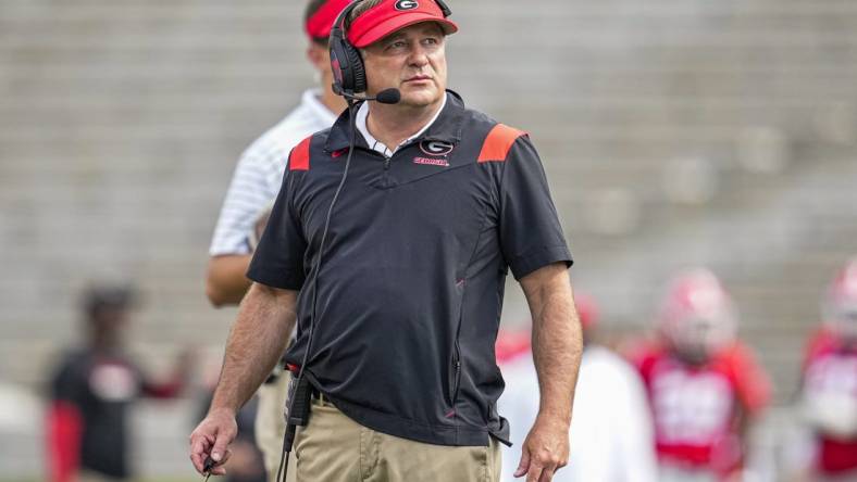 Apr 15, 2023; Athens, GA, USA; Georgia Bulldogs head coach Kirby Smart on the field  during the Georgia Spring Game at Sanford Stadium. Mandatory Credit: Dale Zanine-USA TODAY Sports