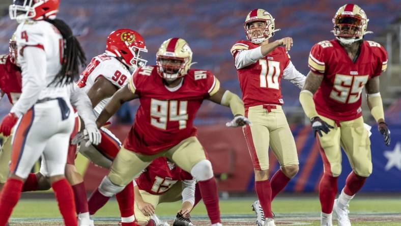 Apr 15, 2023; Birmingham, AL, USA; Birmingham Stallions kicker Brandon Aubrey (10) kicks a long field goal against the New Jersey Generals during the second half of a USFL football game at Protective Stadium. Mandatory Credit: Vasha Hunt-USA TODAY Sports