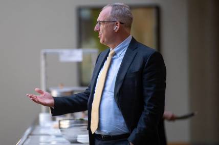 Greg Sankey, commissioner for the Southeastern Conference, during a lunch break for an infractions hearing with the NCAA at the Westin Cincinnati in Cincinnati, Ohio, on Wednesday, April 19, 2023.

Kns Ncaa Pruitt Bp