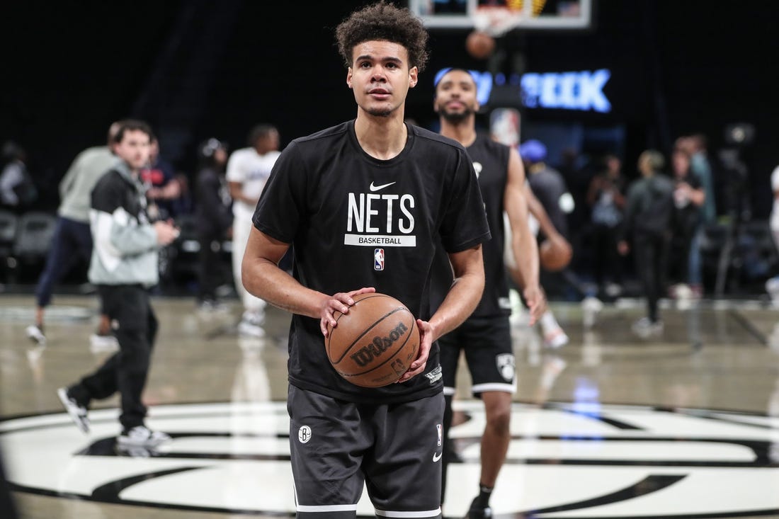 Apr 20, 2023; Brooklyn, New York, USA; Brooklyn Nets forward Cameron Johnson (2) warms up prior to game three of the 2023 NBA playoffs against the Philadelphia 76ers at Barclays Center. Mandatory Credit: Wendell Cruz-USA TODAY Sports