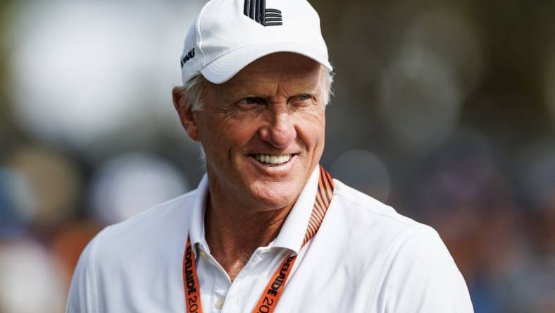 Apr 21, 2023; Adelaide, South Australia AUS; Greg Norman on the practice grounds before the first round of LIV Golf Adelaide golf tournament at Grange Golf Club. Mandatory Credit: Mike Frey-USA TODAY Sports