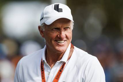 Apr 21, 2023; Adelaide, South Australia AUS; Greg Norman on the practice grounds before the first round of LIV Golf Adelaide golf tournament at Grange Golf Club. Mandatory Credit: Mike Frey-USA TODAY Sports